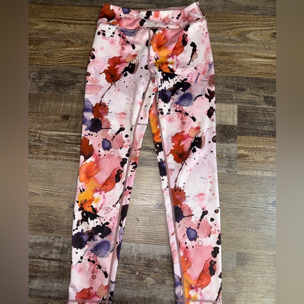 Zella Girl Kids Leggings‎ Large 10/12 Pink Orange Abstract Paint Splatter Print